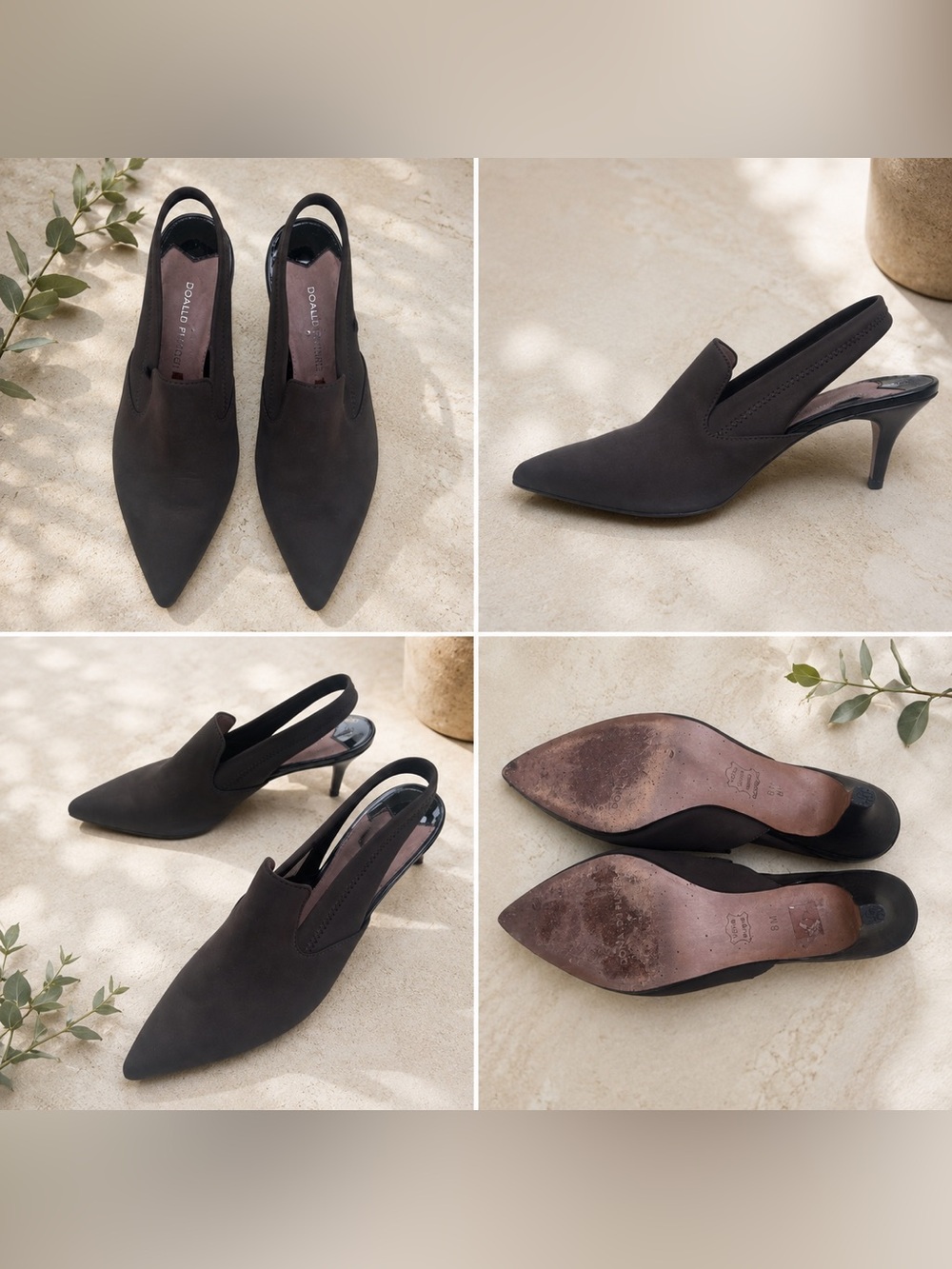 Donald J Pliner Brown Microfiber Pointed Toe Slingback Heels 8M Italy